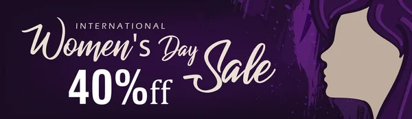 国际妇女日销售横幅与女性剪影在紫色 — 图库矢量图片