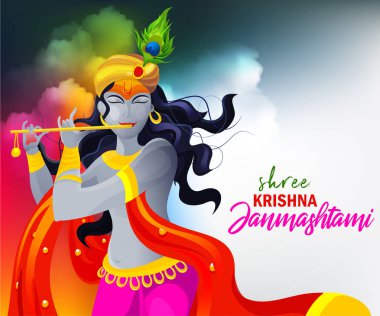 tebrik ve kutlama için festival unsurları ile Happy Janmashtami arka plan üzerinde flüt ile Lord Krishna vektör illüstrasyon