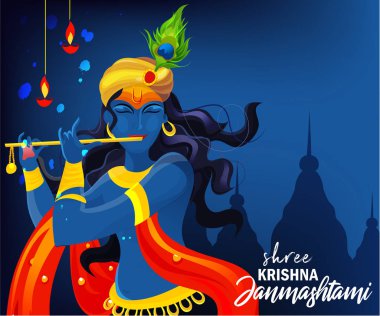 tebrik ve kutlama için festival unsurları ile Happy Janmashtami arka plan üzerinde flüt ile Lord Krishna vektör illüstrasyon
