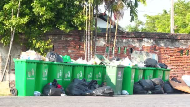 Σκουπιδοτενεκές Και Πλαστικά Απορρίμματα Στο Πεζοδρόμιο — Αρχείο Βίντεο
