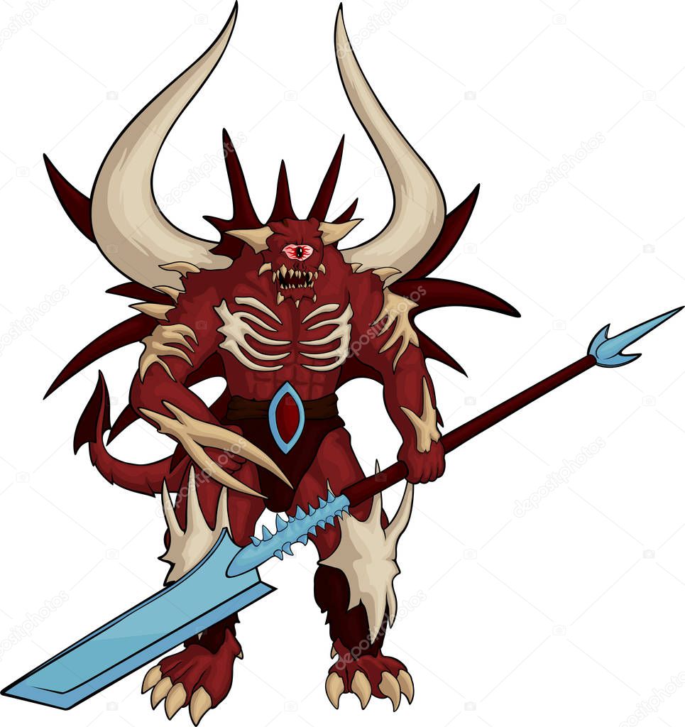 Cartoon strong red devil with one eye and big horns on white background