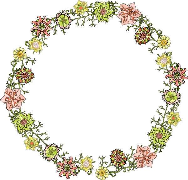 Beautiful wreath with green pink and yellow flowers on white background