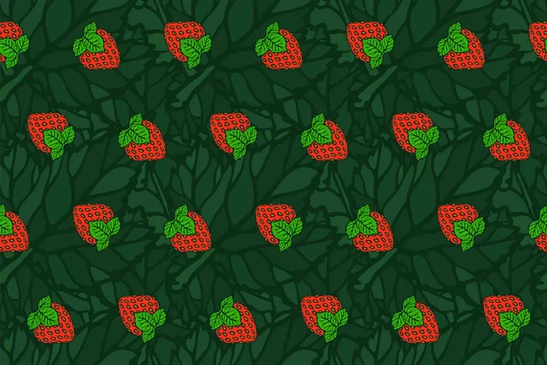 Seamless mönster med röd jordgubbe på bladen — Stock vektor