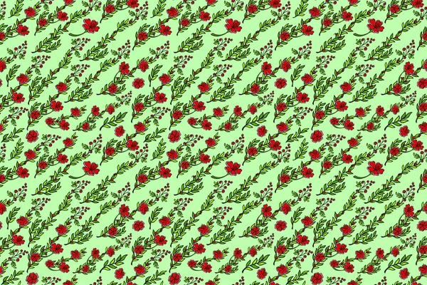 Mönster med röda blommor på grön bakgrund — Stock vektor