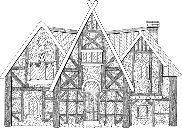 Coloring book page with detailed medieval building — Stock Vector