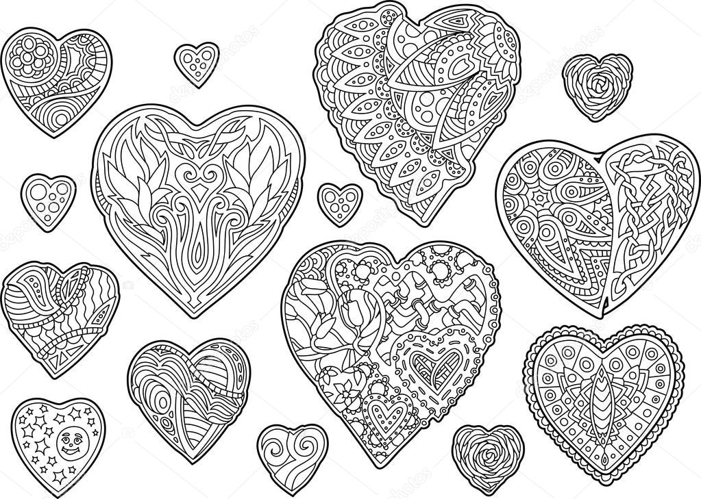 Set with isolated decorative monochrome hearts