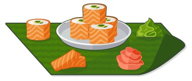 Rulo, wasabi ve zencefil ile düz illüstrasyon