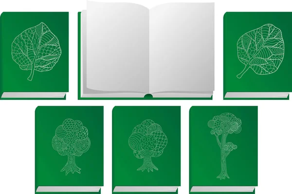 Set de iconos con libros verdes y símbolos de la naturaleza — Archivo Imágenes Vectoriales