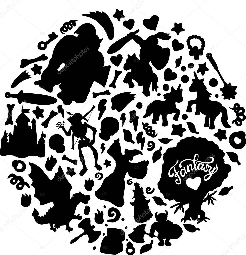 Beautiful set with cartoon black silhouettes of creatures characters and other fantasy objects on white background