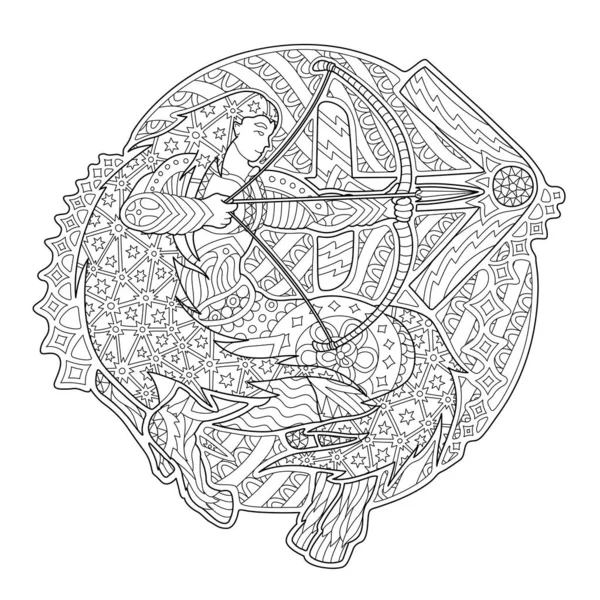 Libro para colorear página con símbolo del zodíaco saggitarius — Vector de stock