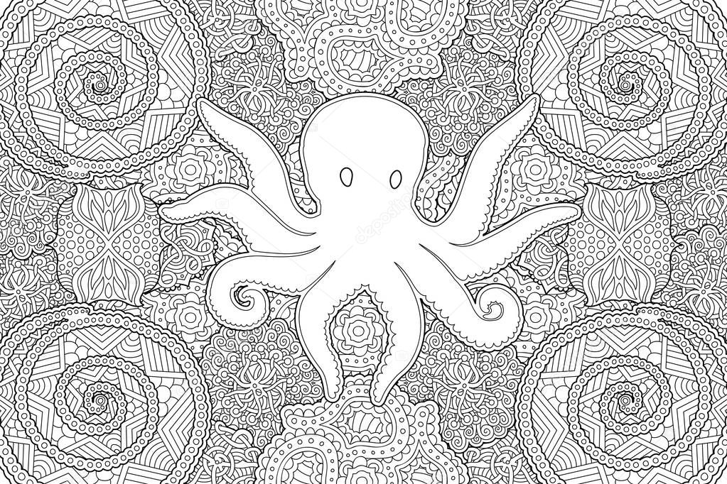 Art for coloring book with octopus silhouette