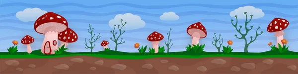 Paysage fantaisiste drôle avec village de champignons rouges — Image vectorielle