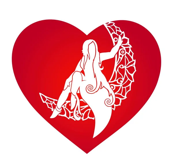 Silhouette de femme sur la lune en forme de coeur — Image vectorielle