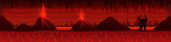 Burning hell landscape with volcanoes and demon — Stock Vector
