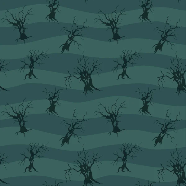 Blått sömlöst mönster med läskiga svarta träd — Stock vektor