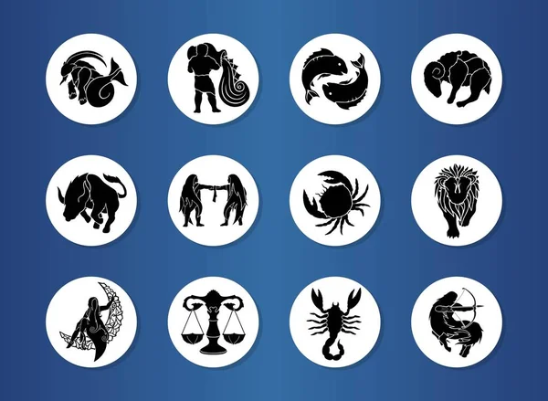 Set van Zodiac symbolen met zwarte silhouetten — Stockvector