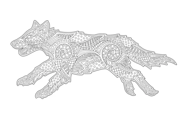 Arte lineal para colorear libro con lobo estilizado — Vector de stock