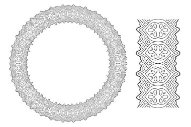 Soyut daire deseni ve beyaz arkaplanda izole edilmiş boya fırçası olan yetişkin boyama kitabı sayfası için güzel monokrom doğrusal illüstrasyon