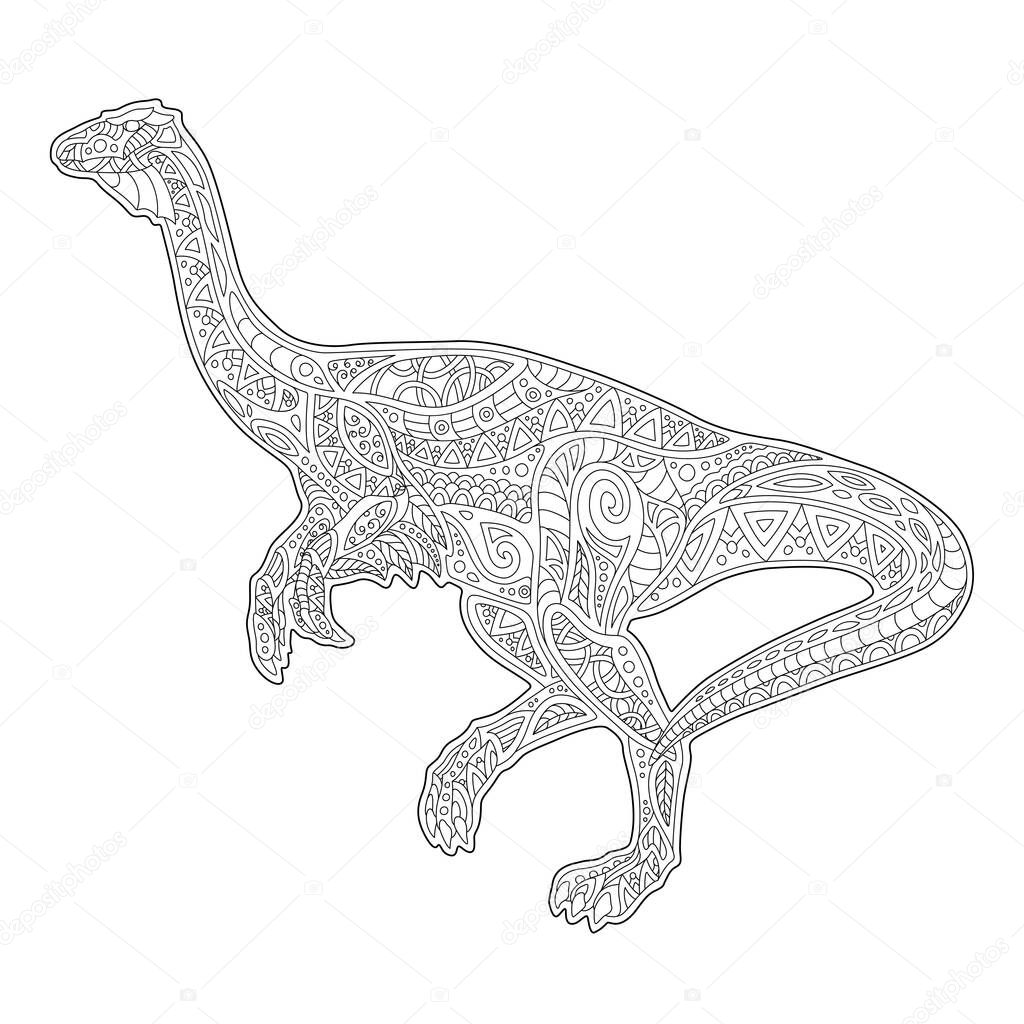Beautiful monochrome linear illustration for coloring book page with running dinosaur silhouette isolated on the white background