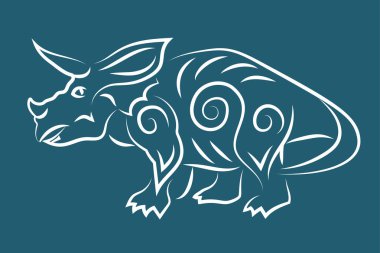 Mavi arka planda beyaz triceratops silueti izole edilmiş güzel el çizimi kabile çizimi