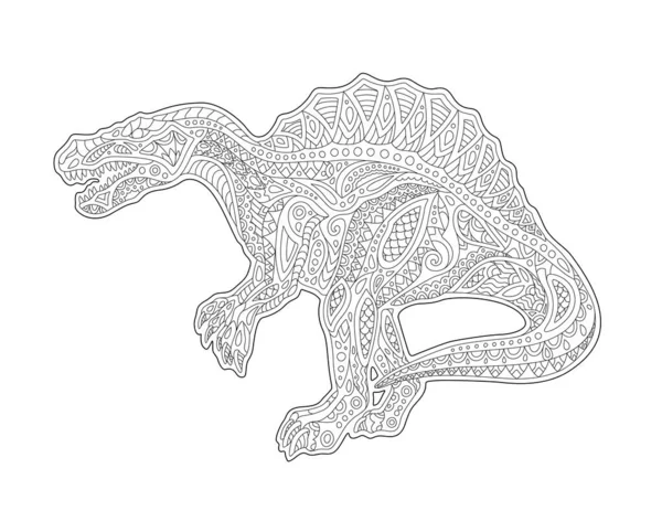 Mooie Monochrome Lineaire Illustratie Voor Volwassen Kleurboek Met Cartoon Spinosaurus — Stockvector