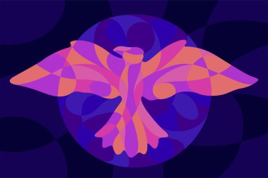 Koyu mavi arka planda parlak neon renkli uçan kuş silueti olan güzel renkli çizimler.