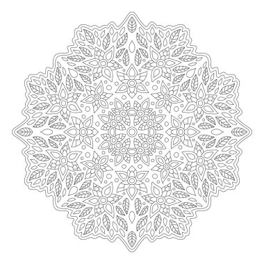 Beyaz arkaplanda yapraklarla izole edilmiş doğrusal çiçek deseni ile renklendirme kitabı sayfası için güzel tek renkli illüstrasyon