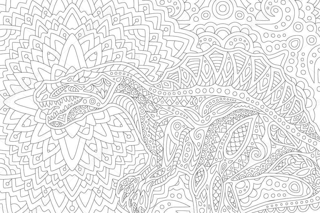 Beautiful black and white vector illustration for coloring book page with stylized spinosaurus