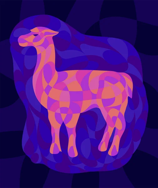 Schöne Bunte Illustration Mit Leuchtenden Neonfarbenen Lama Silhouette Auf Dunkelblauem — Stockvektor