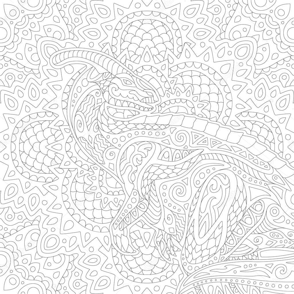 Beautiful linear black and white illustration for coloring book with stylized parasaurolof