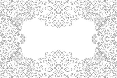 Gezegenler, yıldızlar ve beyaz kopya uzayı ile kozmik dikdörtgen kenarı olan boyama kitabı sayfası için güzel monokrom doğrusal illüstrasyon