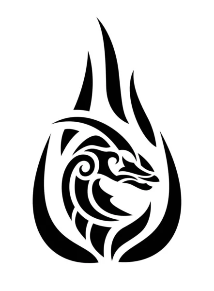Hermosa Ilustración Tatuaje Tribal Con Cabeza Dragón Negro Llamas Aislado — Vector de stock