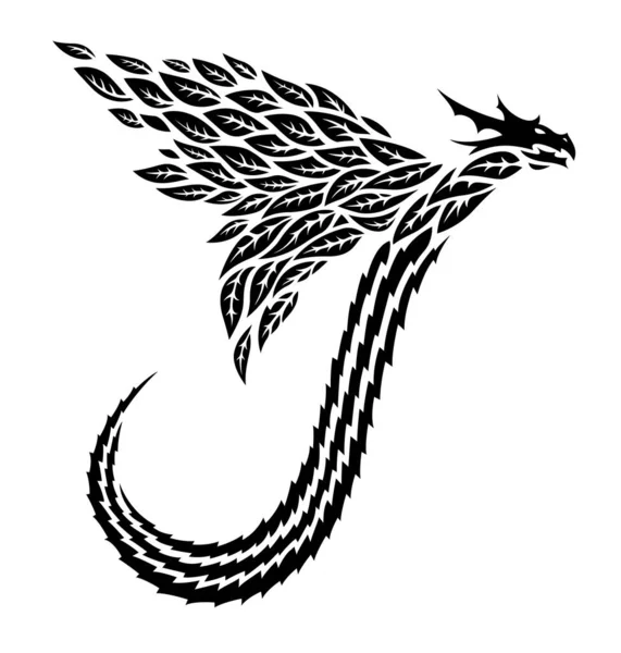 Mooie Tribal Tattoo Illustratie Met Zwart Vliegende Draak Silhouet Witte — Stockvector