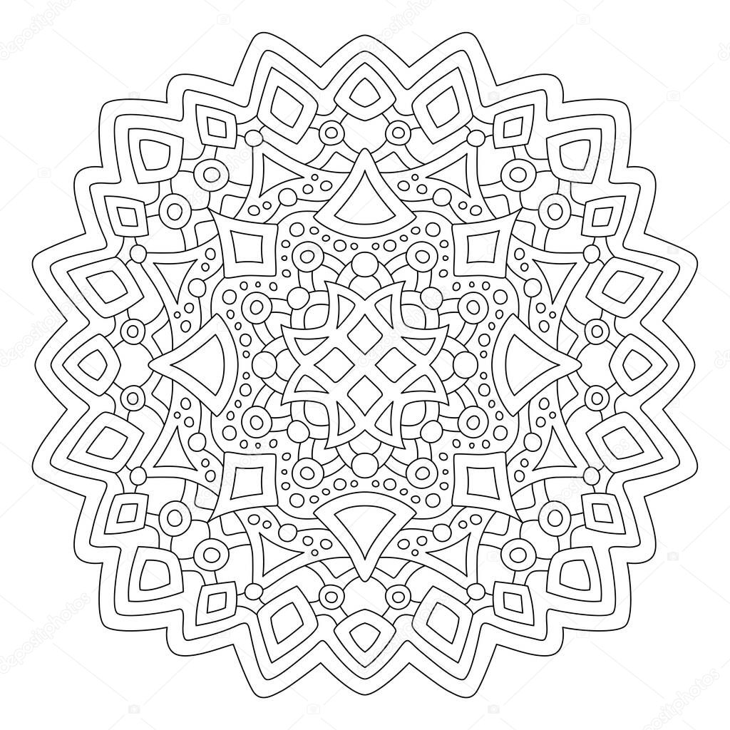 Beautiful monochrome illustration for coloring book page with round linear abstract pattern isolated on the white background