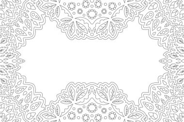 Erişkin boyama kitabı için güzel tek renkli illüstrasyon doğrusal çiçekli dikdörtgen kenarı yapraklar ve beyaz kopya alanı ile