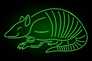 Koyu arkaplanda yeşil ışıklı neon armadillo silueti olan güzel renkli doğrusal çizim