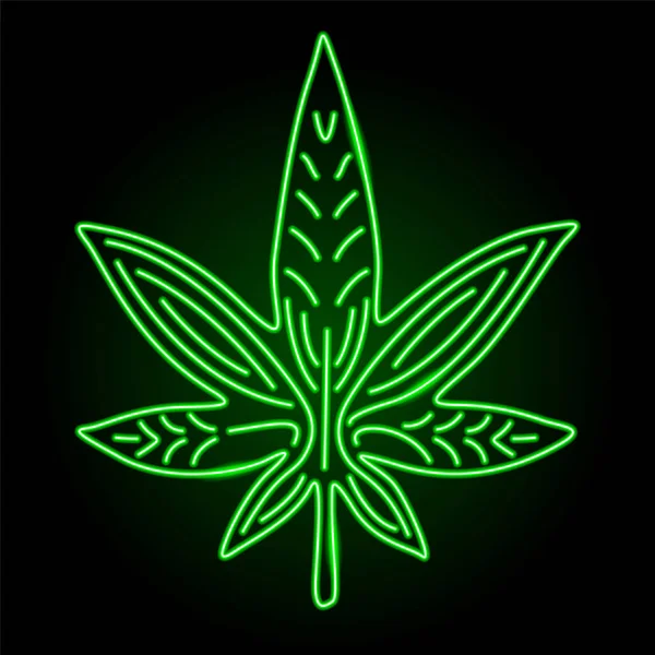 Gyönyörű Színes Virágos Lineáris Illusztráció Zöld Megvilágított Neon Cannabis Levél — Stock Vector