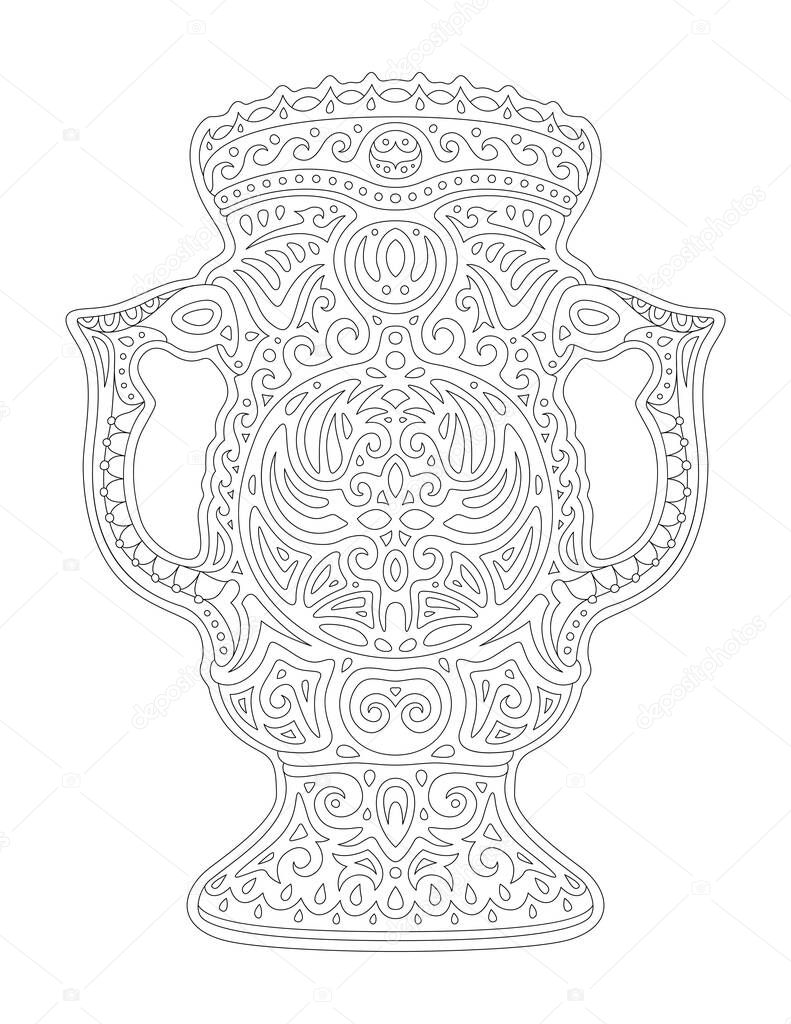 Beautiful monochrome linear illustration for coloring book page with decorative stylized ancient vase isolated on the white background