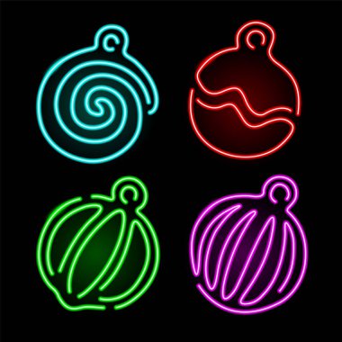 Aydınlatılmış neon ışıklı Noel oyuncaklarıyla güzel renkli çizgisel illüstrasyon
