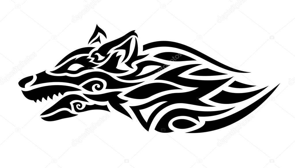 Beautiful tribal tattoo illustration with stylized black wolf head on the white background