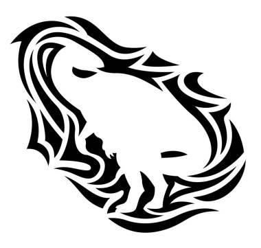 Beyaz dinozor siluetinin etrafında izole edilmiş siyah desenli güzel kabile dövmesi çizimi.