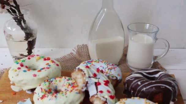 Delicious Sweet Donuts Sprinkle Donut Milk Brightly Colorfully Man Takes — Stock Video