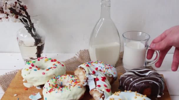 Delicious Sweet Donuts Sprinkle Donut Milk Brightly Colorfully Man Takes — Stock Video