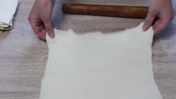 Puff Pastry Lies Wooden Table Dough Cooking — Stock Video