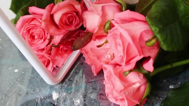 Троянди Синьому Фоні Відображення Троянд — стокове відео