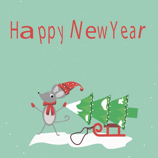 Yeni yıl. tatil konsepti. Noel ağacı ve kızak, şapka ve eldiven. Kartpostal, illüstrasyon, poster