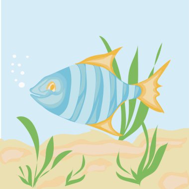 Balık vektör Illustration. Vektör deniz balığı beyaz arka planda izole. simgesi veya logosu. Tropikal balık. Tür karikatür balık gülümsüyor. Kopyalama alanı