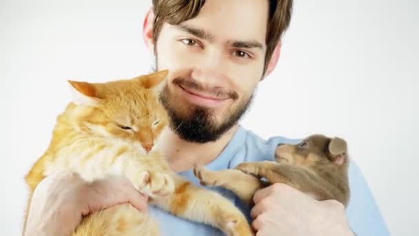 髭を生やした男は 自分の腕の中に生姜猫とチワワ子犬を抱えている 家畜だ 男は幸せだ — ストック動画
