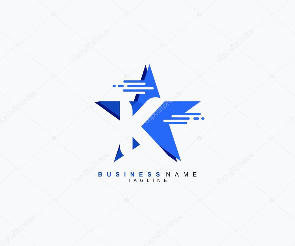 Trendy modern logo, blue star isolated on white background, initial letter K