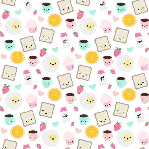 Padrão Vetor Sem Costura Com Coisas Café Manhã Kawaii Perfeito —  Vetores de Stock